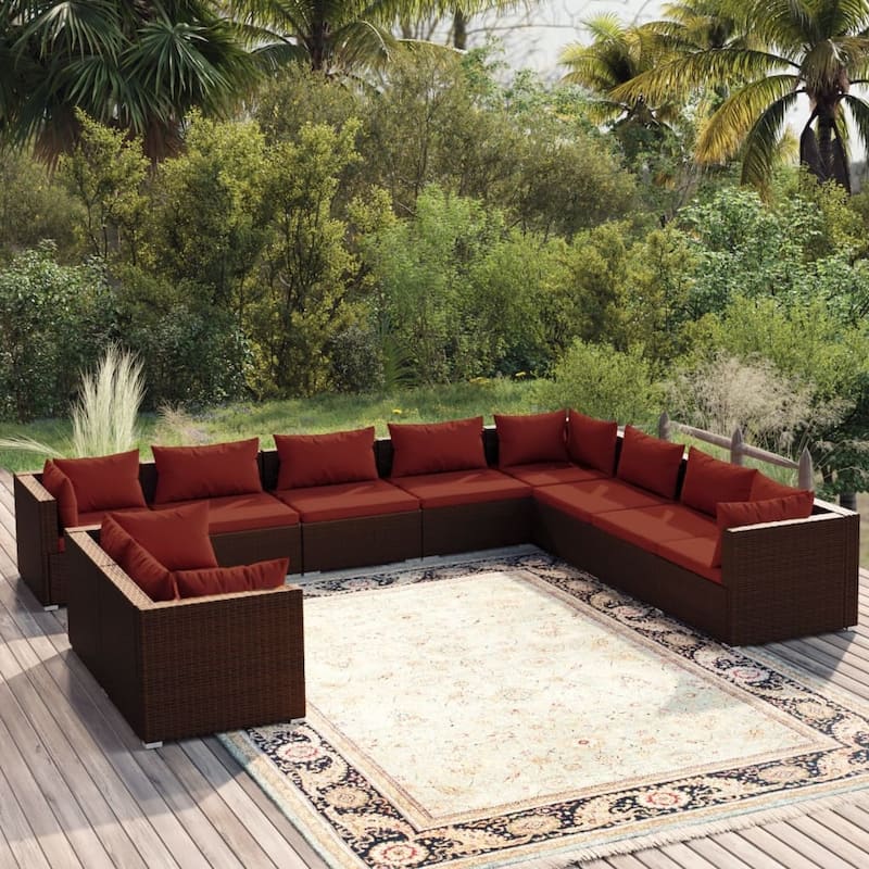 vidaXL Patio Lounge Set with Cushions Brown Poly Rattan - 27.6" x 27.6" x 24" - 27.6" x 27.6" x 24" - Brown/Cinnamon red 10 Piece