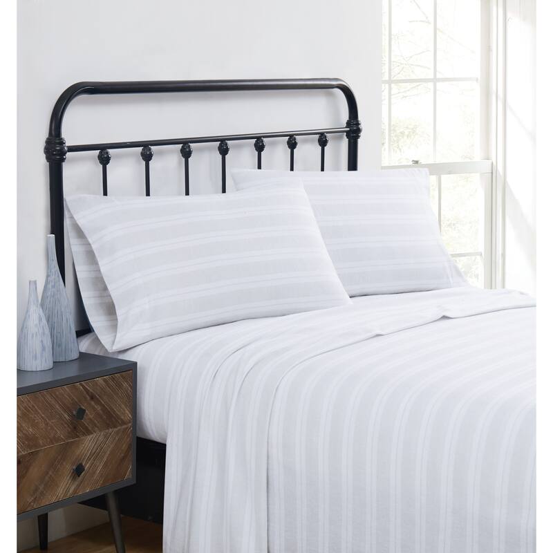 Truly Soft Printed and Solid Cotton Flannel 4 Piece Sheet Set - Bryce Stripe - King