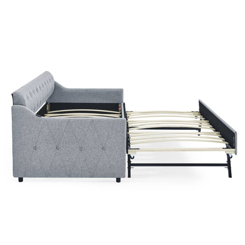 Upholstery DayBed with Erectable Trundle and USB Charging Design, Linen DayBed with Tufted Back