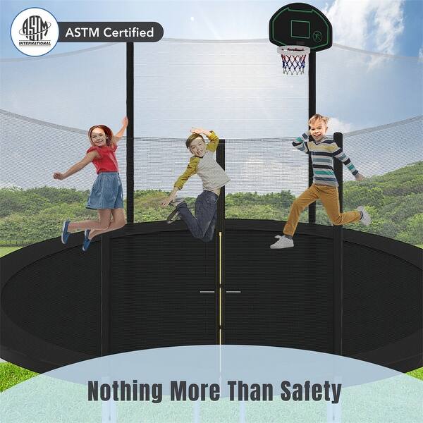 dimension image slide 0 of 2, Trampoline for Kids w/Safety Enclosure Net,Basketball Hoop and Ladder - Black