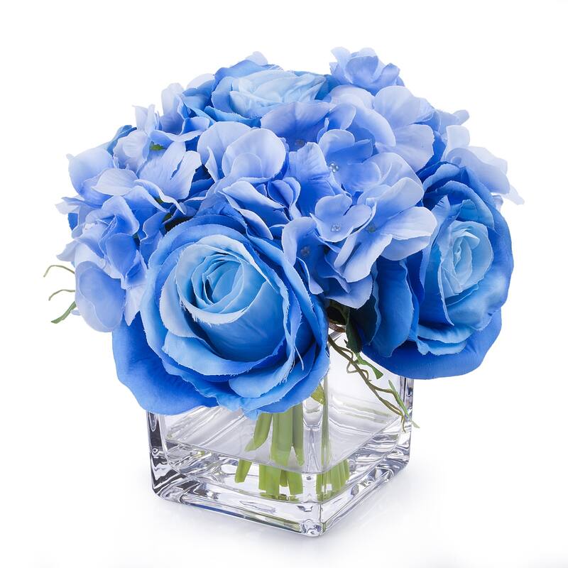 Enova Home Artificial Silk Hydrangea and Fake Roses Flowers Arrangement in Cube Glass Vase with Faux Water for Home Decoration - Blue