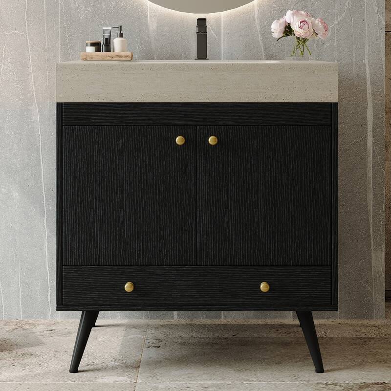 Contemporary 30" Freestanding Bathroom Vanity with Faux Marble Top & Ceramic Sink, Double Door Cabinet - Black+Stone Grey