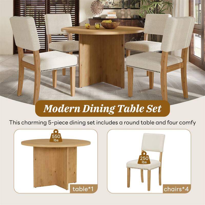 5-Piece Round Dining Table Set with 4 Upholstered Dining Chairs