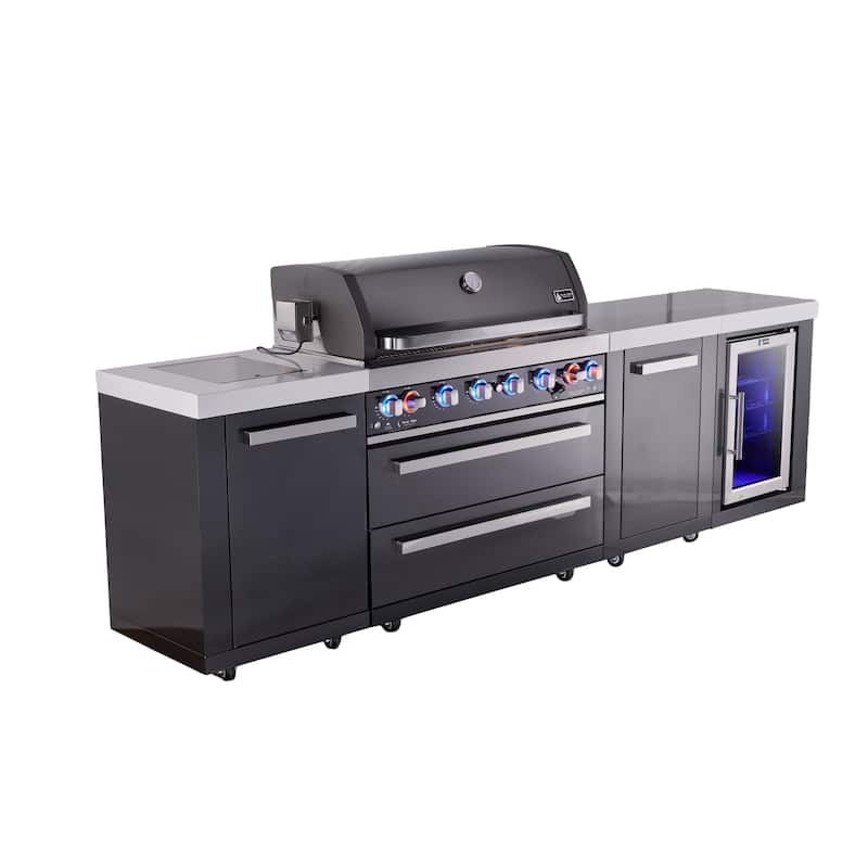 Mont Alpi 119"W x 23"D Black Stainless Steel Premium Modular Outdoor Kitchen Island with Refrigerator + 44"W 6-Burner BBQ Grill