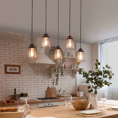 Farmsy Modern Farmhouse Linear Faux Wood Metal Chandelier Glass Adjustable Kitchen Island Pendant for Dining Room