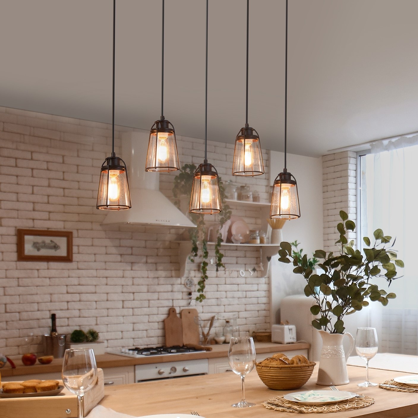 Farmsy Modern Farmhouse Linear Faux Wood Metal Chandelier Glass Adjustable Kitchen Island Pendant for Dining Room
