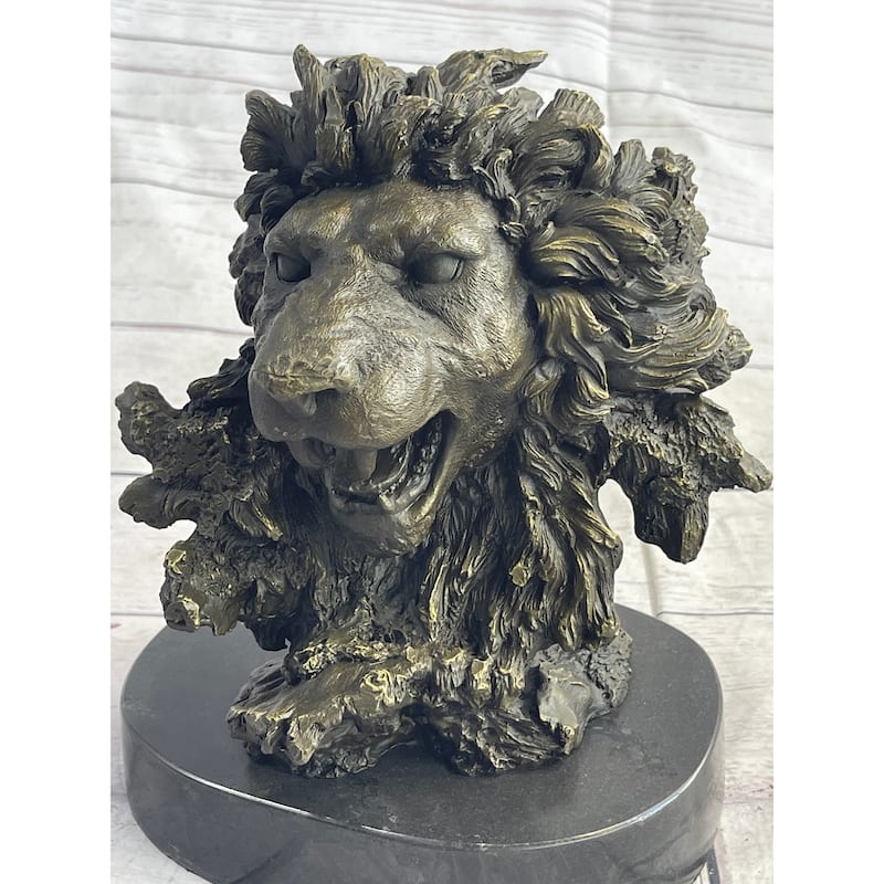 Roaring Imitative Lions Head Imitative Lion Bust Bronze Sculpture Statue Figure Marble Base 9 Inches X 7 Inches
