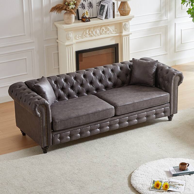 Grey 85.5" Tech Fabric 3-Seater Chesterfield Sofa with Rolled Arms, 2 Cushions
