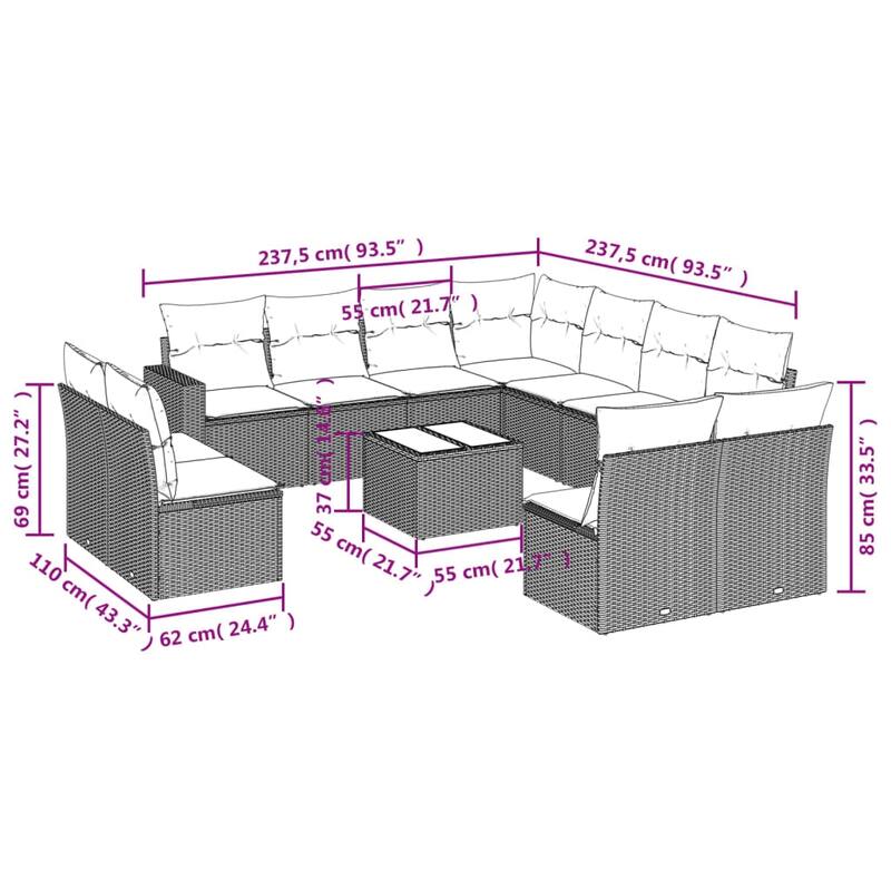 vidaXL Garden Sofa Set Gray PE rattan Large Modular Garden Sofa Set - 21.7 x 21.7 x 14.6