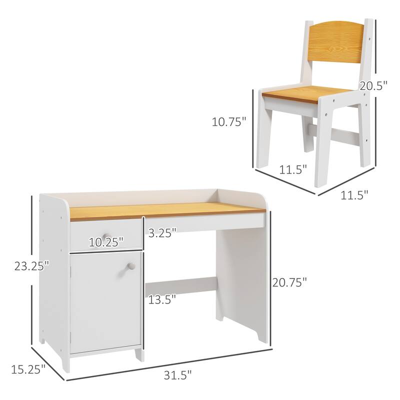White Children’s Desk and Chair Set with Drawer and Compartment Perfect for Homework or Crafts - 31.5" L x 15.25" W x 23.25" H