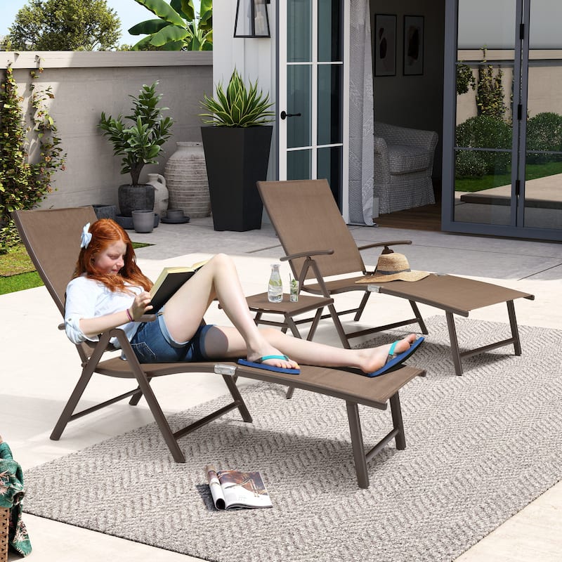 3-Pieces Outdoor Chaise Lounge Set Aluminum Adjustable Foldable Chaise Lounge Chairs and Side Table
