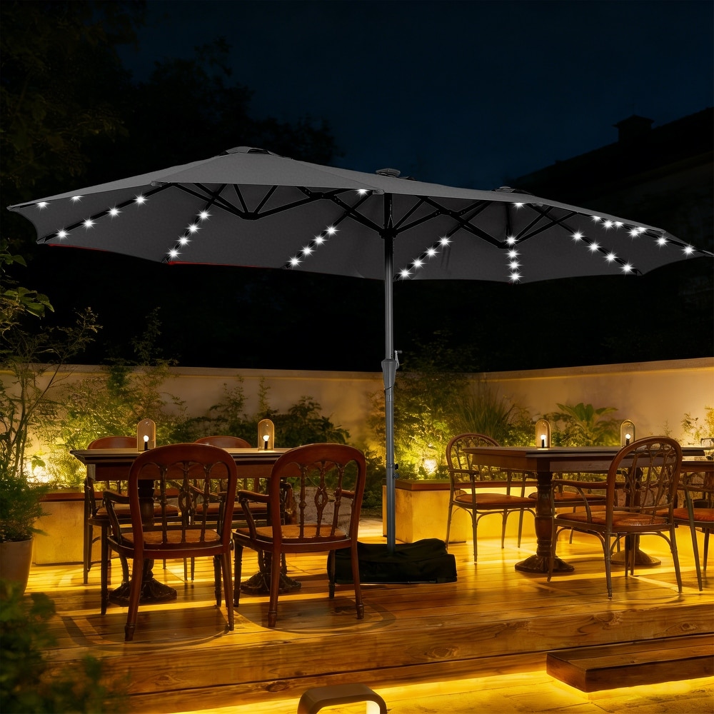 design patio umbrellas HOMSHADE 10ft Patio Umbrella, Offset Cantilever Design, Waterproof Fabric  and Base, Solar Lights, Blue