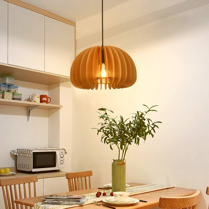 60-Watt 1-Light Brown Pendant Light with Pumpkin Shape for Kitchen Island, Semi Flush Mount Chandelier for Dining Room