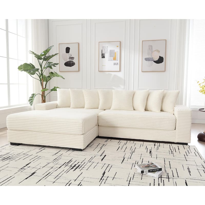 L Shaped Modular Sectional Sofa with Chaise, Oversized Corduroy Upholstered Sleeper Sofa, Floor Corner Sofa with Throw Pillows