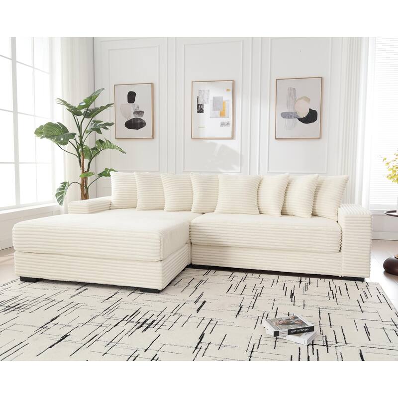 L Shaped Sectional Sleeper Sofa Corduroy Corner Sofa with Chaise Lounge and 8 Throw Pillows, Oversized Modular Daybed