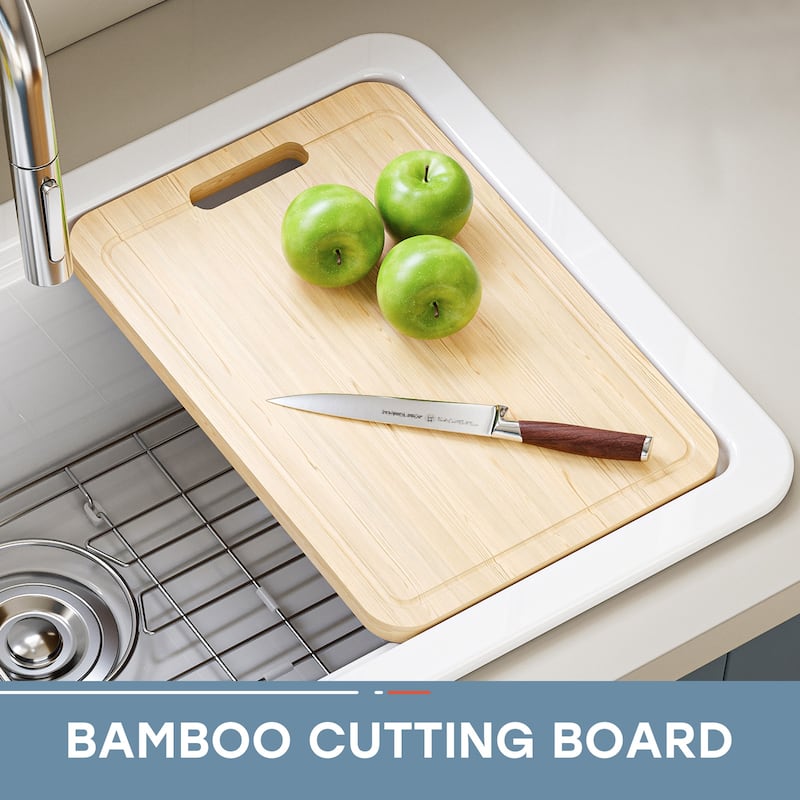 HOROW 33 in. Drop-In Single Bowl Ceramic White Kitchen Sink Standard and Bottom Grid, Drain Assembly, Cutting Board