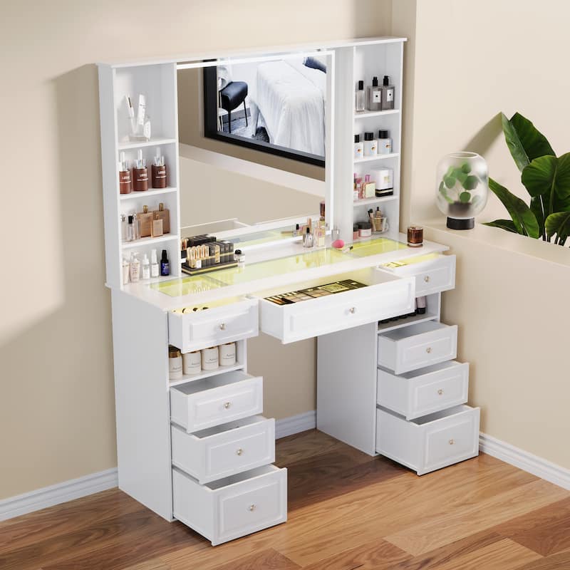 Modern Vanity Set with Lighted Mirror,Extra Large Mirror Makeup Vanity Table with 9 Drawers,European Style Vanity