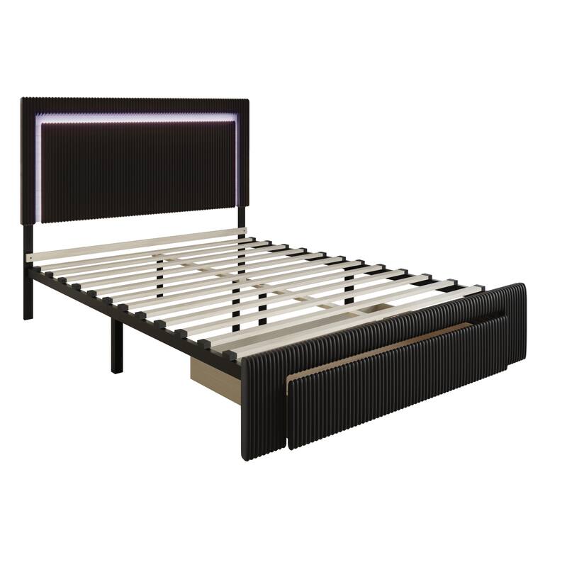 CraftPorch Corduroy Velvet Tufted LED Light Platform Storage Bed