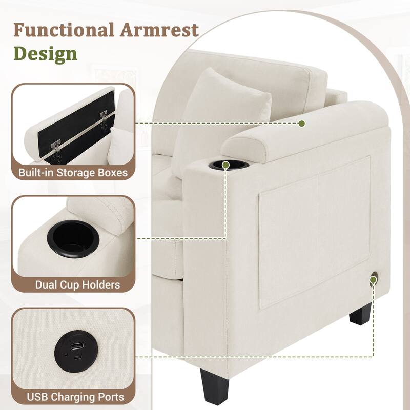 Oversized Corner Sectional, Modern U-Shaped Sectional Sofa with Built-in Storage Boxes and Dual Cup Holders, USB Ports, Pockets