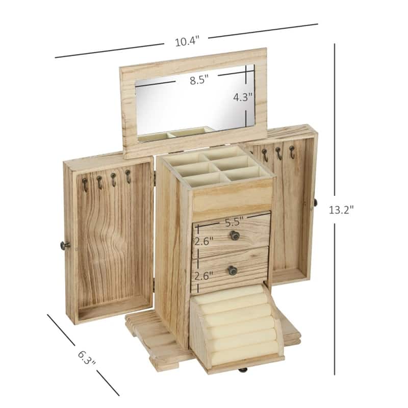 Brown Wooden Jewelry Box with Mirror and Rotating Doors, 4 Tier Storage Drawers for Rings and Necklaces
