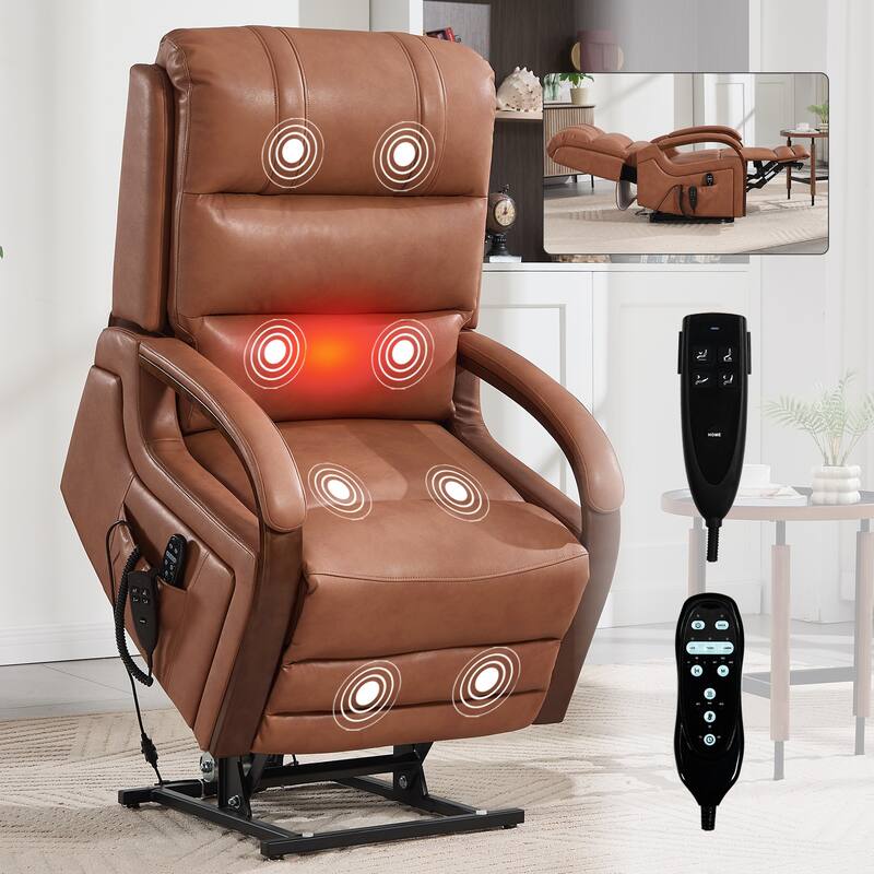 Dual Motor Power Lift Recliner with Heat Massage and Solid Wood Armrests - Orange