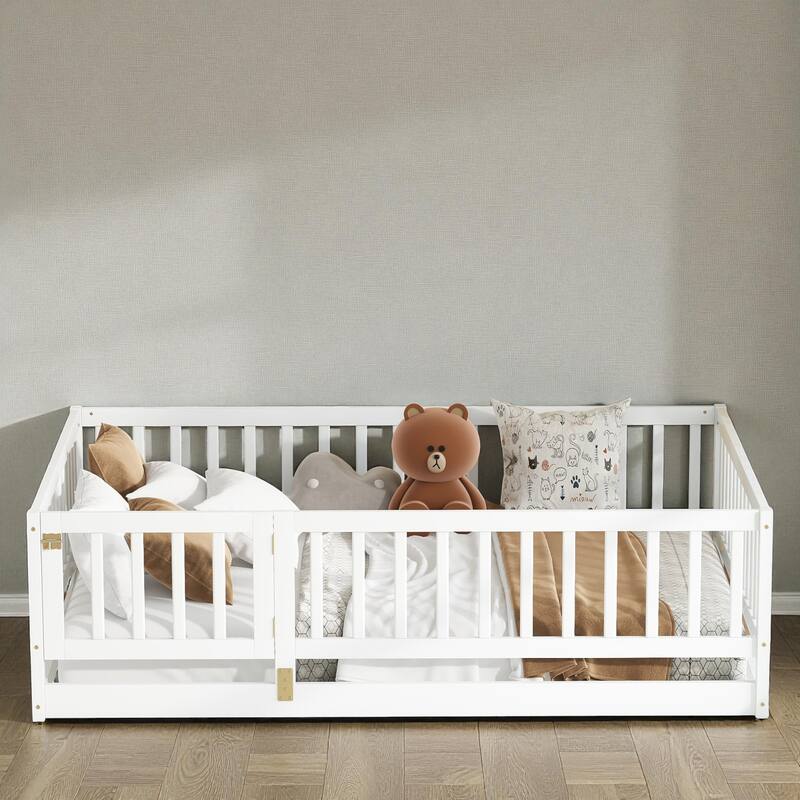 Twin/Full Montessori Floor Bed with Slats, Fence and Door, Wood Low Kids Bed for Girls and Boys, No Box Spring Needed