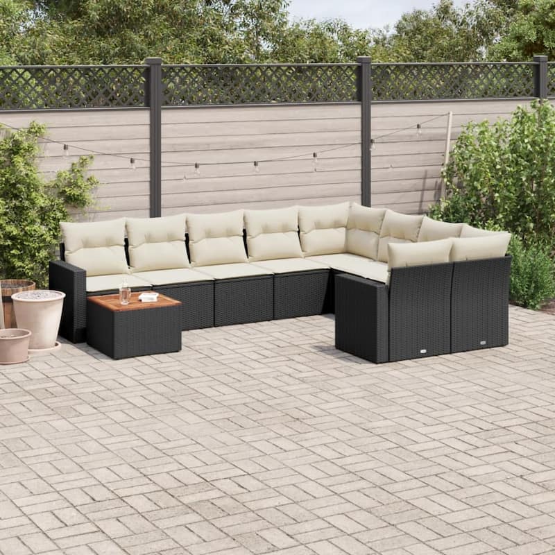 vidaXL Patio Sofa Set with Cushions Outdoor Furniture 10 Piece Poly Rattan - 21.7 x 21.7 x 14.6 - Black and cream Table + 2xcorner + 5x middle