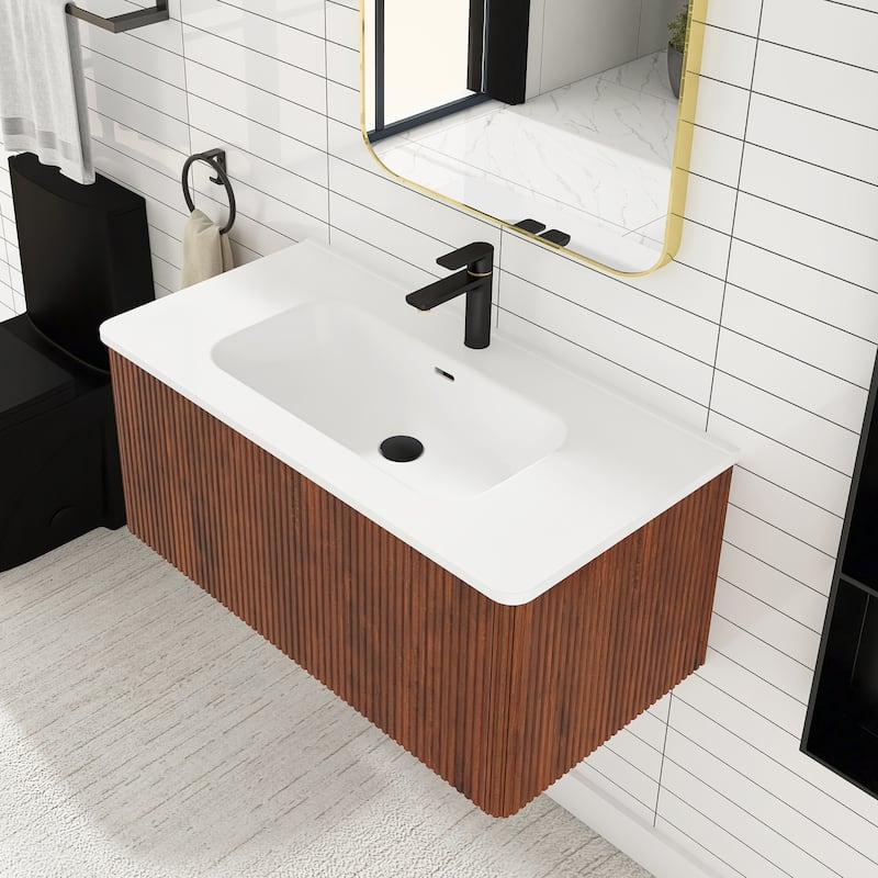 Floating Bathroom Vanity with Glossy White Integrated Ceramic Sink