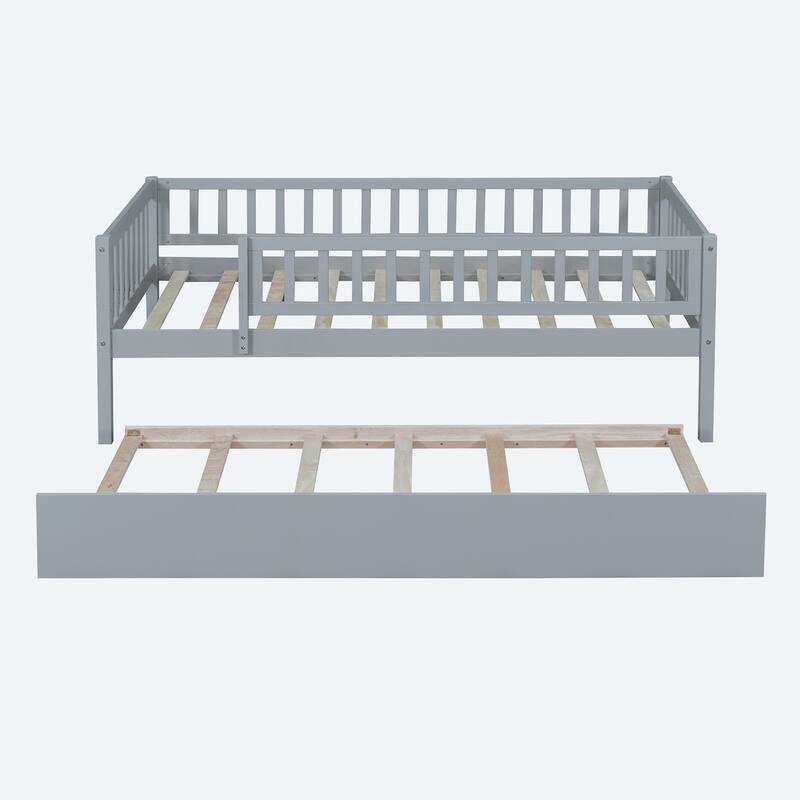 Twin Size Wood Daybed with Trundle and Fence Guardrails