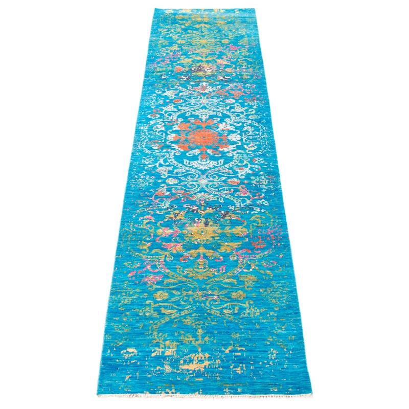 ECARPETGALLERY Hand-knotted Heritage Turquoise Silk, Wool Rug - 2' 7" x 11' 8"