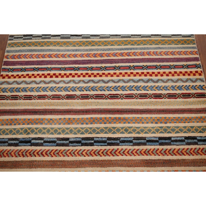All-Over Striped Kazak Oriental Area Rug Hand-Knotted Wool Carpet - 3'11" x 5'11"