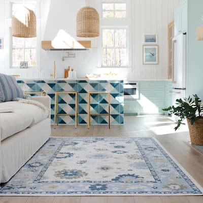 Ainsley Floral Traditional White/Blue Printed Washable Flat Pile Area Rug