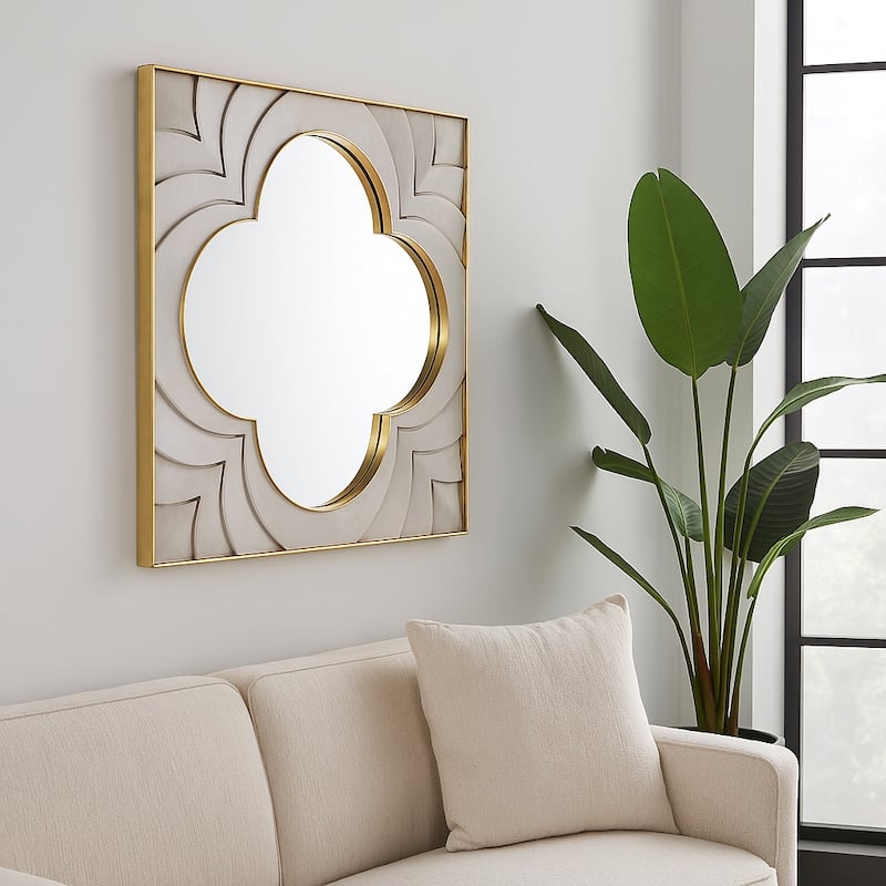 Decorative Large Square Wall Mirror - Wood and Brass Frame -35", Ivory - 35.0"