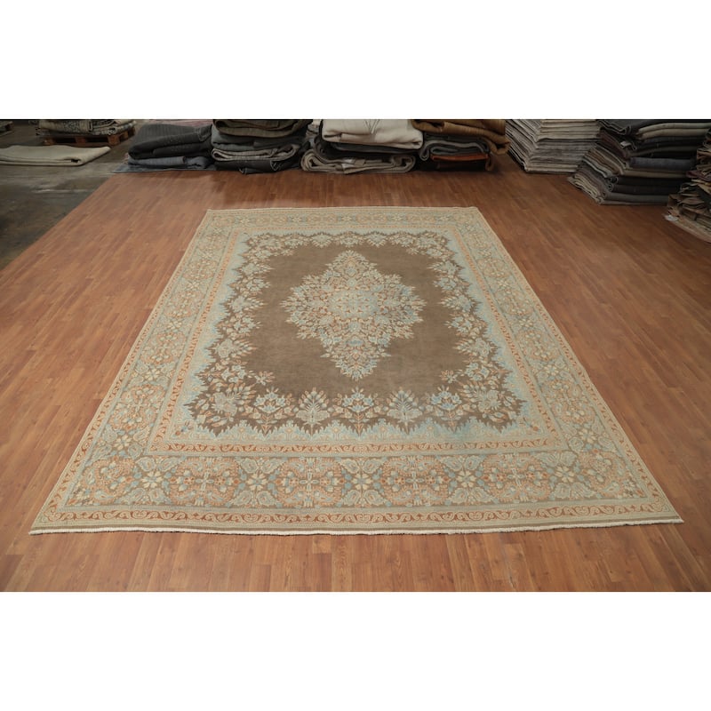 Hand Knotted Oriental 100% Wool Carpet Traditional Floral Brown Kerman Area Rug - 12' 10'' X 9' 9''