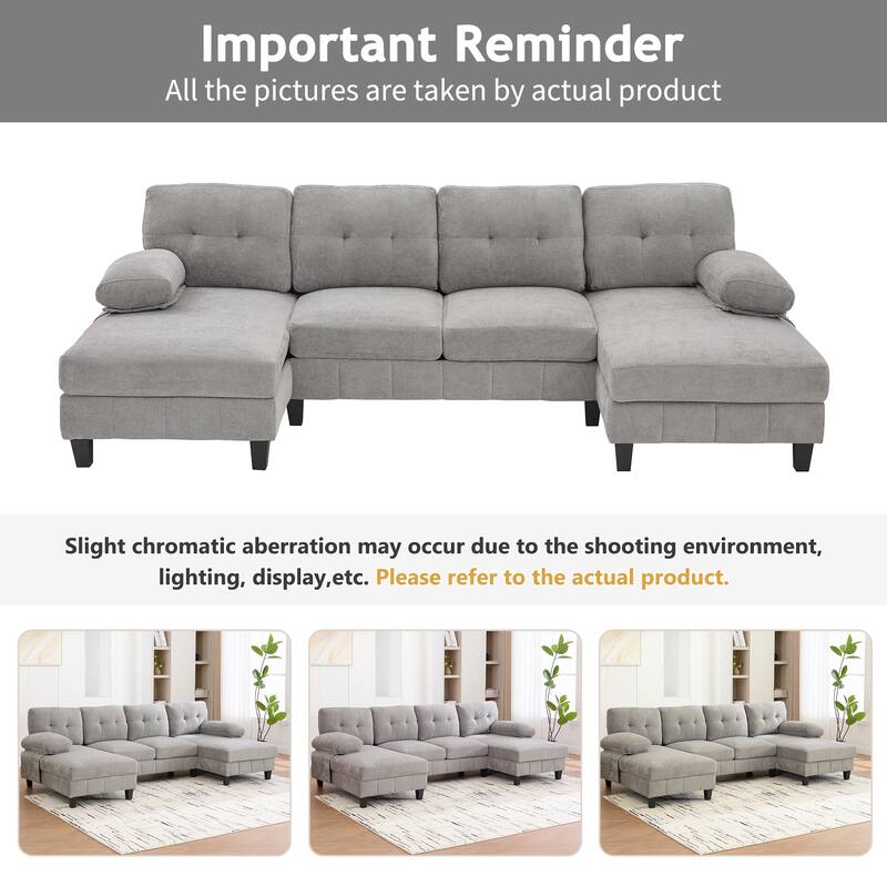 103.5" Chenille Fabric Couch U-Shaped Sectional Sofa with Dual Chaise Lounges, Storage Pockets and Armrest Pillows