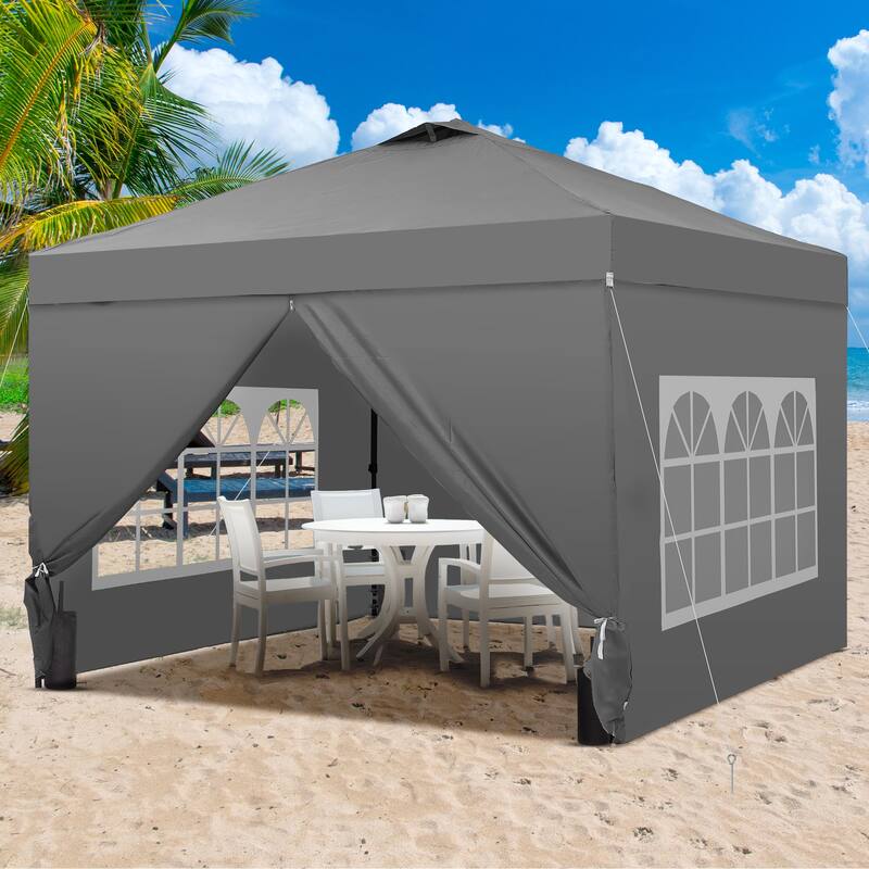 Ainfox 10x10 Pop Up Canopy Tent with 4 Sidewalls, Easy Set up with One Push Lift Outdoor Beach Gazebos with 4 Sandbags