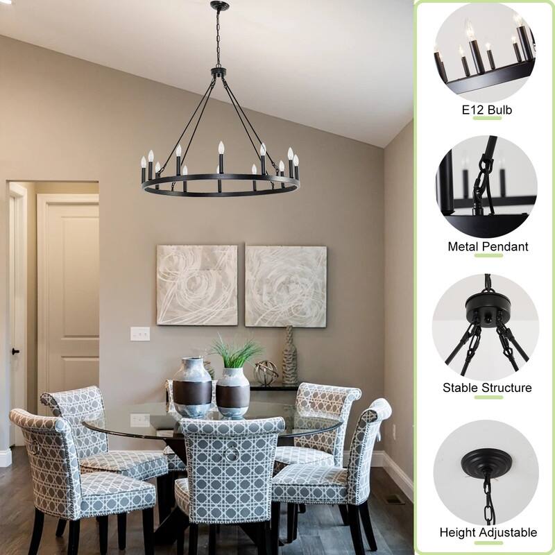 12-Light Black Wagon Wheel Chandelier, Candle Style Ceiling Light Fixtures