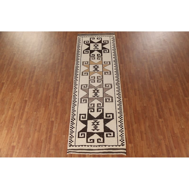 Tribal Beige Plush Anatolian Turkish Runner Rug Handmade Wool Carpet - 3'7"x 11'2"