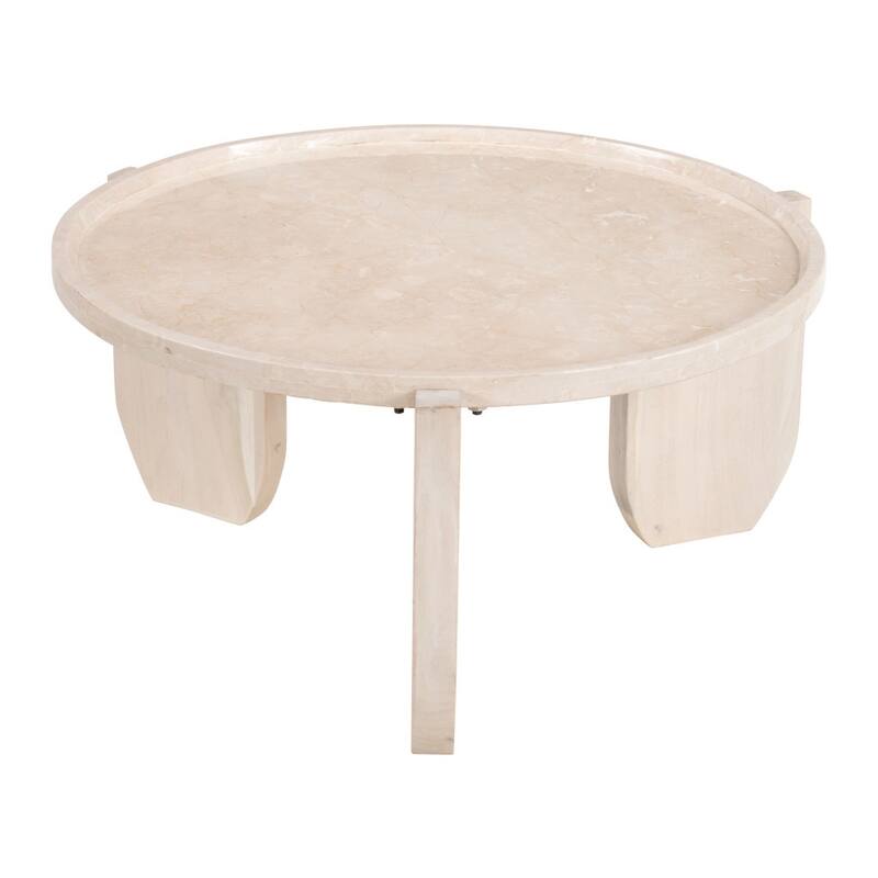 HomeRoots 30" Natural Genuine Marble and Marble Round Coffee Table - 30.00 in. x 15.00 in. x 30.00 in.
