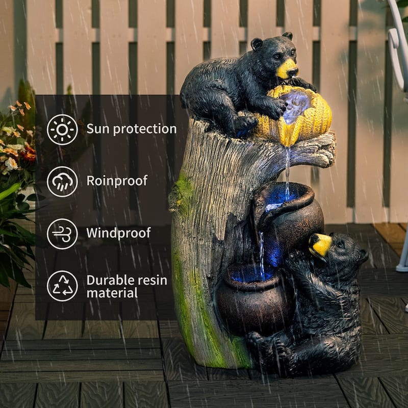 23.62 Inch Bear Outdoor Water Fountain with LED Lights Cascading Resin Garden Water Feature - N/A