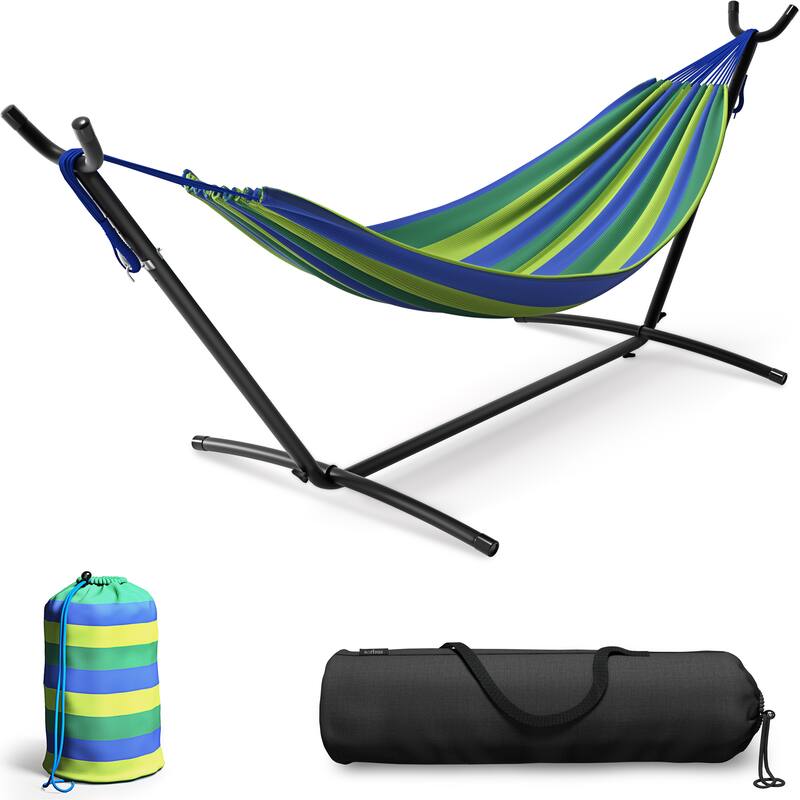 Sorbus 2-Person Hammock with Stand, 60" Cotton Blend Bed, Heavy Duty 450lbs Capacity, Portable with Carrying Case, Washable - Blue/Green