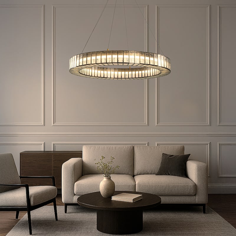 34'' Modern Halo Round Textured Glass Integrated Led Chandelier Brass Empire Led Ceiling Light For Dining Room Living Room