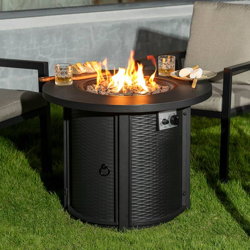 Patio Metal 30'' Round Propane Fire Pit Table with Lid and Lava Rocks