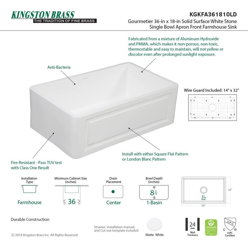 Kingston Brass Arcticstone 36" Farmhouse Single Basin Stone Composite