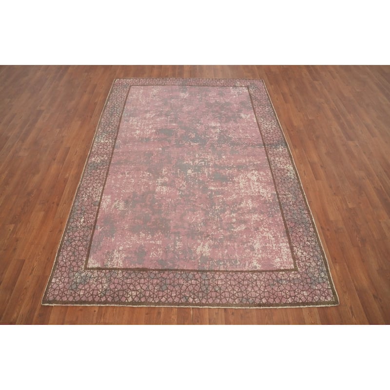 Hand Knotted Oriental Viscose Silk Carpet Modern Pictorial Pink Abstract Area Rug - 7' 9'' X 5' 4''