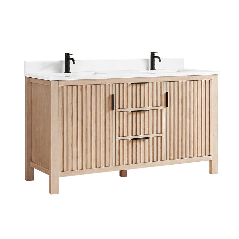 Shenzhen Bath Vanity with Composite Stone Top without Mirror - 60" Double Sink - Aged Natural Oak