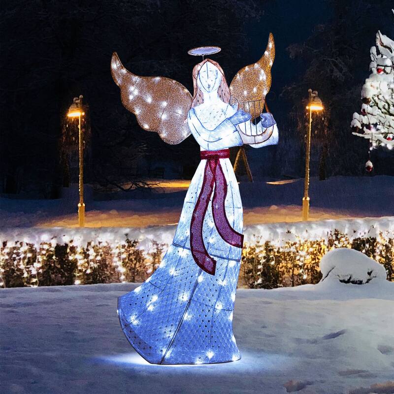 Costway 5 FT Lighted Angel with Harp LED Lights Halo Zip Ties & Ground - See Details - Cold White