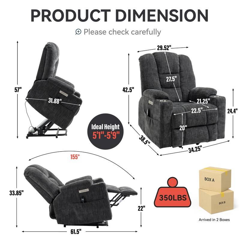 Large Power Lift Recliner Chair for Elderly, Lazy Lving Room Single Massage Sofa with Heat, Tufted Back, USB and Type C Ports