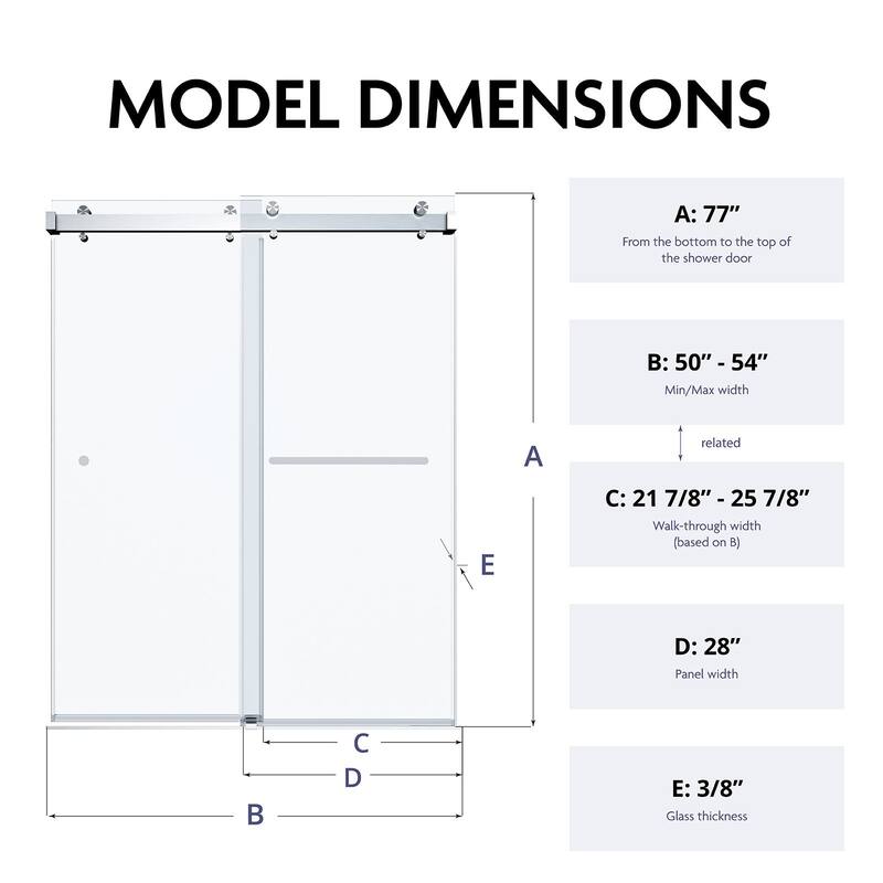 SP Series 50" - 54" W x 77" H Double Sliding Frameless Glass Shower Door with 3/8" Clear Tempered Glass
