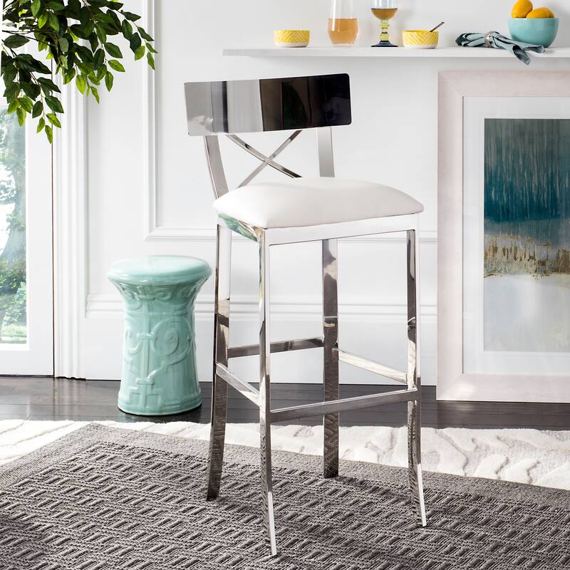 SAFAVIEH Ofelia 30 Inch Stainless Steel Cross Back Black Bar Stool - 17.5" x 18.8" x 39" - 18Wx19Dx39H - Chrome/White Pu